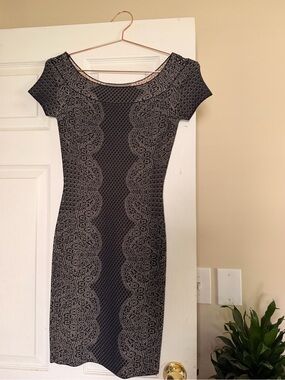 BCBGMaxAzria Black Lace-Pattern Cap-Sleeve Sheath Dress